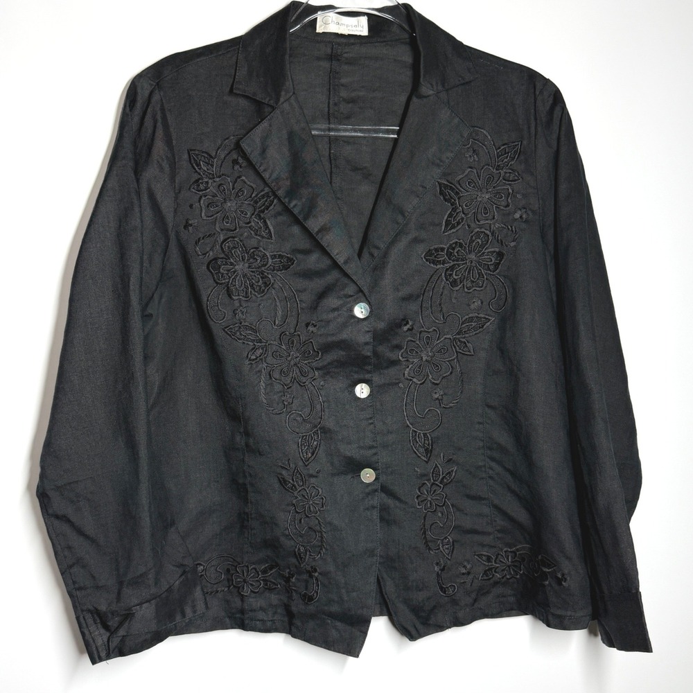 Champsely Couture Black 100% Linen Embroidered Jacket Womens M Floral - Picture 3 of 9